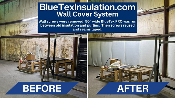 showing old dirty insulation on metal building walls and roof and after looks new with BlueTex insulation
