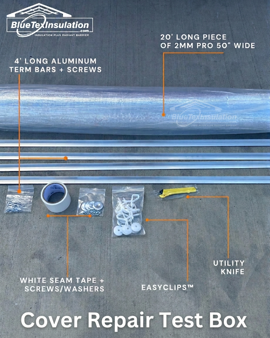 BlueTex™ Cover Repair System test box components showing all included materials