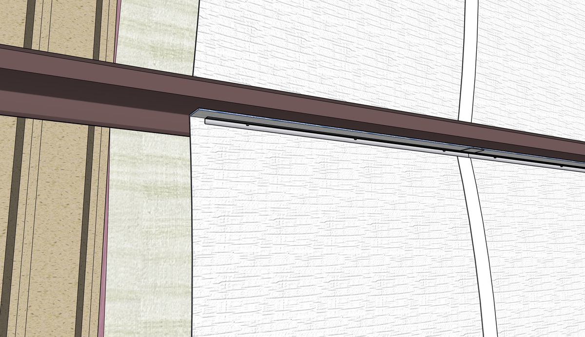 TermBar screwed into wall purlin holding BlueTex™ with 2 inch overlap tab